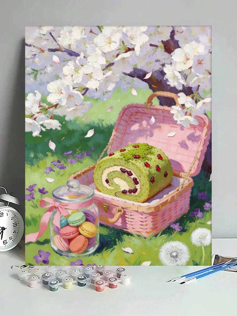 春日野餐甜点 DIY 数字油画 帆布画工艺品 成人家居装饰 40x50厘米/16x20英寸 节日礼物 - 40*50厘米 - 查看 1