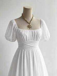 Rusttydustty 女士波西米亚风度假优雅休闲收腰白色雪纺长袖荷叶边连衣裙，适合夏季音乐节等场合 - 白色 - 查看 5