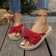 Women's Bow Decor Flat Sandals, Lightweight Summer Flip Flops, Comfortable & Fashionable Ladies Beach Shoes, Round Toe Peep Toe Strap Women Flat Sandals - Red - View 3