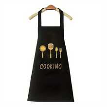 One Polyester Cooking Apron Featuring Pockets, Suitable Hand Washing, Designed Kitchen And Restaurant Applications, Offered In Black Or White With Illustrations Of Chef Hats And Utensils - Black - View 9