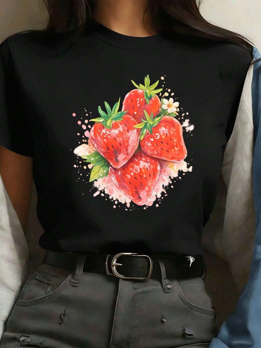 Maglietta estiva casual con stampa di fragole, cotone di prima qualità, vestibilità rilassata, vestibilità comoda, street hip-hop, stampa artistica - nero - Visualizzare 1