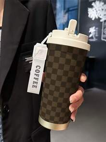 1pc 18oz Stainless Steel Insulated Travel Mug. Brown Plaid Themed Print. Comes With Hand Strap. Comes With A Straw. Outdoor Cup. Travel Mug. Coffee Cup. Birthday Gift. Christmas Gift. Halloween Gift. - Multicolor - View 1