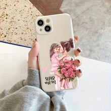 Handpainted Cute Mother & Daughter Phone Case, Suitable As Birthday Or Christmas Gift For Couples, Girlfriends, Daughters, Teenagers - الأبيض العتيق - مشاهدة 4