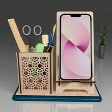DIY Wooden Pencil + Phone Holder & Stand, Multifunctional Desktop Organizer, Office Supplies Storage, Self-Assembly Stand & Pen Holder - Pen Holder + Phone Stand In One - View 2