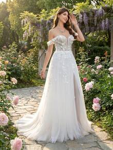 YOUKEFEIER Off-The-Shoulder Deep V Lace Embroidered Sexy Long Wedding Dress - White - View 6