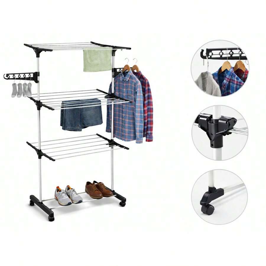 3-Tier Retractable Clothesline With Wheels – Foldable, Portable, And Reinforced For Clothes - Xem 1