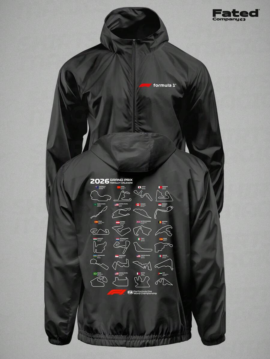 Grand Prix 2026 Date Circuits F1 Windbreaker Jacket - Lightweight Fit Fabric - Fated Racing - Black - View 1
