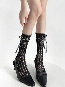 1 Pair Summer Women's Lace Hollow Mesh Mid-Calf Socks, Breathable Thin Floral Lace-Up Lolita JK Style Bow Tie Socks - Multicolor - View 5