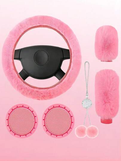 6pcs Pink Fluffy Car Accessories Set, Including Steering Wheel Cover, Handbrake Cover, Gear Shift Cover, Rhinestone Plush Car Hanging Decor, 1 Pair Car Cup Mats