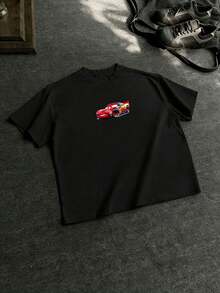 Disney-American Retro Lightning McQueen Racing Printed Short Sleeved T-Shirt For Men In Summer, Heavy Cotton Loose Oversized, High Street Fashion Brand Half Sleeved - Black - View 4
