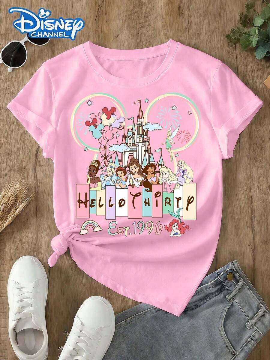 Disney Officially Licensed Product. This Summer Cotton T-Shirt For Women Features A Head Outline As The Main Pattern On The Front, With The Interior Depicting A Castle, , Colorful Balloons And Fireworks, And Below Are Patterns Of Multiple . It Creates A Sweet And Dreamy Atmosphere. This Style Is Suitable For Daily Wear And Is An Ideal Valentine's Day Gift For Friends And Family. As A Women's Spring Clothing Item, It Is Comfortable To Wear, Gentle On The Skin, And Perfect For Outdoor Wear. - Pink - View 1