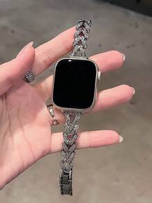 Luxury Diamond Shaped & Wheat Ear Design Stainless Steel Watch Band Strap Compatible With Apple Watch Series 6/SE/2/7/8/9/10 - Silver - View 1