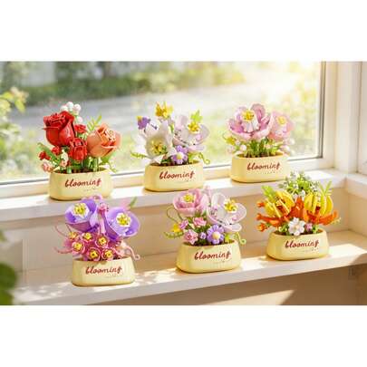 Bộ 6 chậu cây xếp hình, mô hình hoa hồng và cây mọng nước sống động như thật, đồ chơi lắp ráp giáo dục cho trẻ em, hoa nhân tạo bền lâu, quà tặng bạn bè, quà tặng Ngày của Mẹ, trang trí bàn làm việc, đồ chơi lắp ráp hoa DIY (kiểu hoa hướng dương, hoa tulip, hoa anh đào), trang trí phòng khách, quà tặng tựu trường, đồ chơi xếp hình tương tác cha mẹ - con cái, hoa nhân tạo, cây xanh để bàn sáng tạo, bó hoa bền lâu.