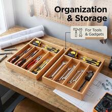 Bamboo Kitchen Drawer Organizer (2 Pack), Adjustable Silverware Tray For Drawer Organization, Multi-Compartment Utensil Caddy For Storing Knives, Forks And Spoons - 原木色 - 查看 7