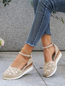 Sandal Wedges Linen Musim Panas Terbaru untuk Wanita, Sandal Roman Anyaman Berongga dengan Sol Tebal dan Tali yang Dapat Diatur - Krem - View 3