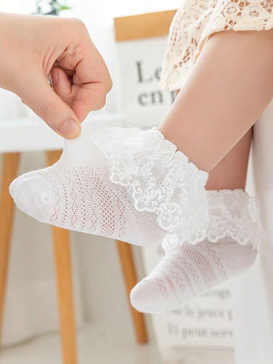 3 Pairs Spring/Summer Baby/Toddler Girls' Socks, Solid Color Mesh Lace Embroidered Ruffle Trim Soft Breathable Cute Princess Style Socks, Suitable For Daily Wear, Holidays, Travel, Matching Princess Dresses - Multicolor - View 1