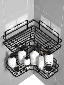 2pcs/1pc Stainless Steel Suction Cup Bathroom Shower Caddy, Bathroom Storage Rack - Black - View 7