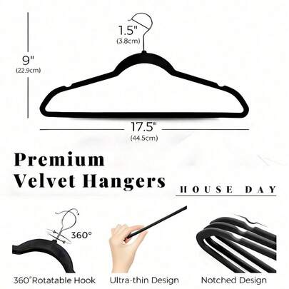 [Delivery Within 2-7 Days In The United States] (Black) Ultra-Strong Load Capacity, Luxury Velvet Hangers, 360° Rotating Silver Hooks, Non-Slip And Mark-Free! Withstands Heavy Loads Without Deformation Over Time! Thickened Design-Perfect For Household Clothing Storage, Wardrobe Organization, Room Tidying, And Transforming Your Closet Storage. Space-Saving Solution, Stylish Hangers, Chic Storage Boxes, Durable Plastic, Heavy-Duty Hangers, Smooth Rotation, Neat Freak Essentials, Home Organization. 20pcs Premium Velvet Hangers Sturdy & Durable Space-Saving Ideal For Coats, Pants & Formal Wear Grooved Anti-Slip Surface Perfect For Closets Or Dorm Rooms Standard Hangers Coat Hangers Organization & Storage
