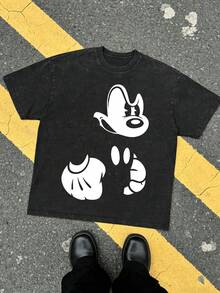 Disney Minimalist Silhouette Pattern Short-Sleeved T-Shirt, Summer Vintage Washed Style, 230 Grams In Weight, Long-Sleeved Design - 黑色 - 查看 1