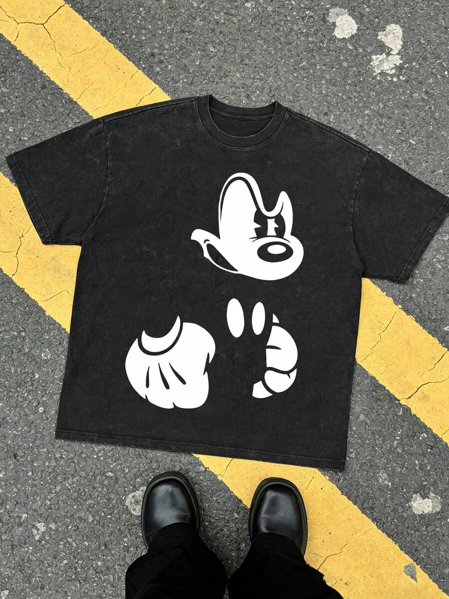 Disney Minimalist Silhouette Pattern Short-Sleeved T-Shirt, Summer Vintage Washed Style, 230 Grams In Weight, Long-Sleeved Design - 黑色 - 查看 1