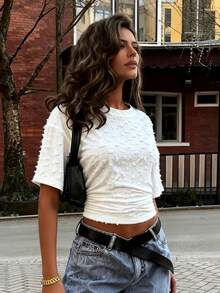 Áo thun dệt kim trơn màu, thanh lịch, thời trang mới, đa năng, kiểu dáng casual, có bèo nhún ở eo, chất liệu dệt kim, kiểu bèo nhún eo, phong cách sinh viên, đi nghỉ mát, thường ngày, màu trắng, mùa xuân/hè. - trắng - Xem 4