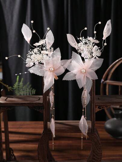 2pcs Gauze Elegant Red Flower Hair Accessories, Prop For Photo Studio, Hanfu Hair Clip