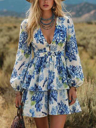 Vestido corto con cuello en V, volantes y estampado floral romántico "Vuslat", vestido elegante de flores azul y blanco, vestido ajustado de línea A con mangas abullonadas, adecuado para boda, fiesta, vacaciones de verano, Pascua, té de la tarde