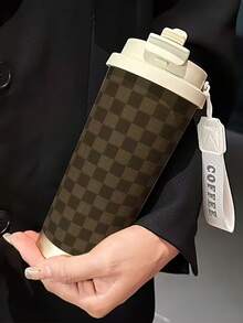 1pc 18oz Stainless Steel Insulated Travel Mug. Brown Plaid Themed Print. Comes With Hand Strap. Comes With A Straw. Outdoor Cup. Travel Mug. Coffee Cup. Birthday Gift. Christmas Gift. Halloween Gift. - Multicolor - View 5