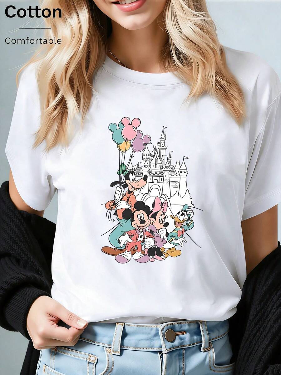 Loose Fit Mickey Mouse Companion Disney Castle Balloon Printed T-Shirt, Suitable For Summer And Spring, Short Sleeved Top, Women's Clothing, Holiday Gift Party Clothing. - 白色 - 查看 1