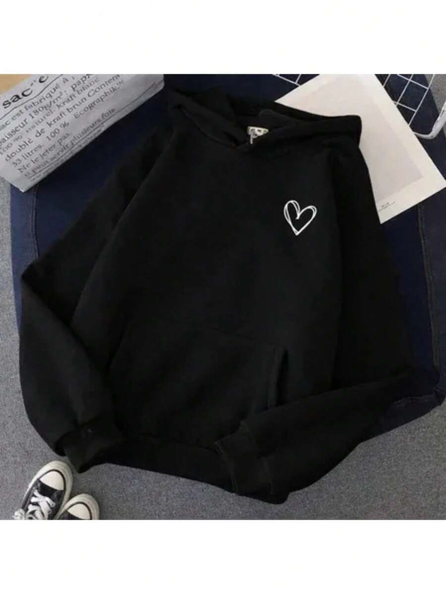 Plain Kangaroo Hoodie With Pocket, Unisex, Heart Design, Cold Weather Sweatshirt - 黑色 - 查看 1
