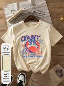 Women's Daily Crab With A Bow Graphic Crew Neck Short Sleeves Casual Summer Women's Tops ,Back To The Beach Slogan Graphic Fashionable And Versatile Women's Apricot T-Shirt Vacation - Apricot - View 4