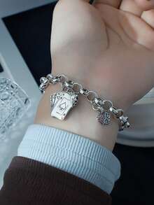 1pc Elegant Red Zirconia Heart Pendant & Crown Charm Bracelet, Suitable For Women's Daily Wear - Bracelet - View 5