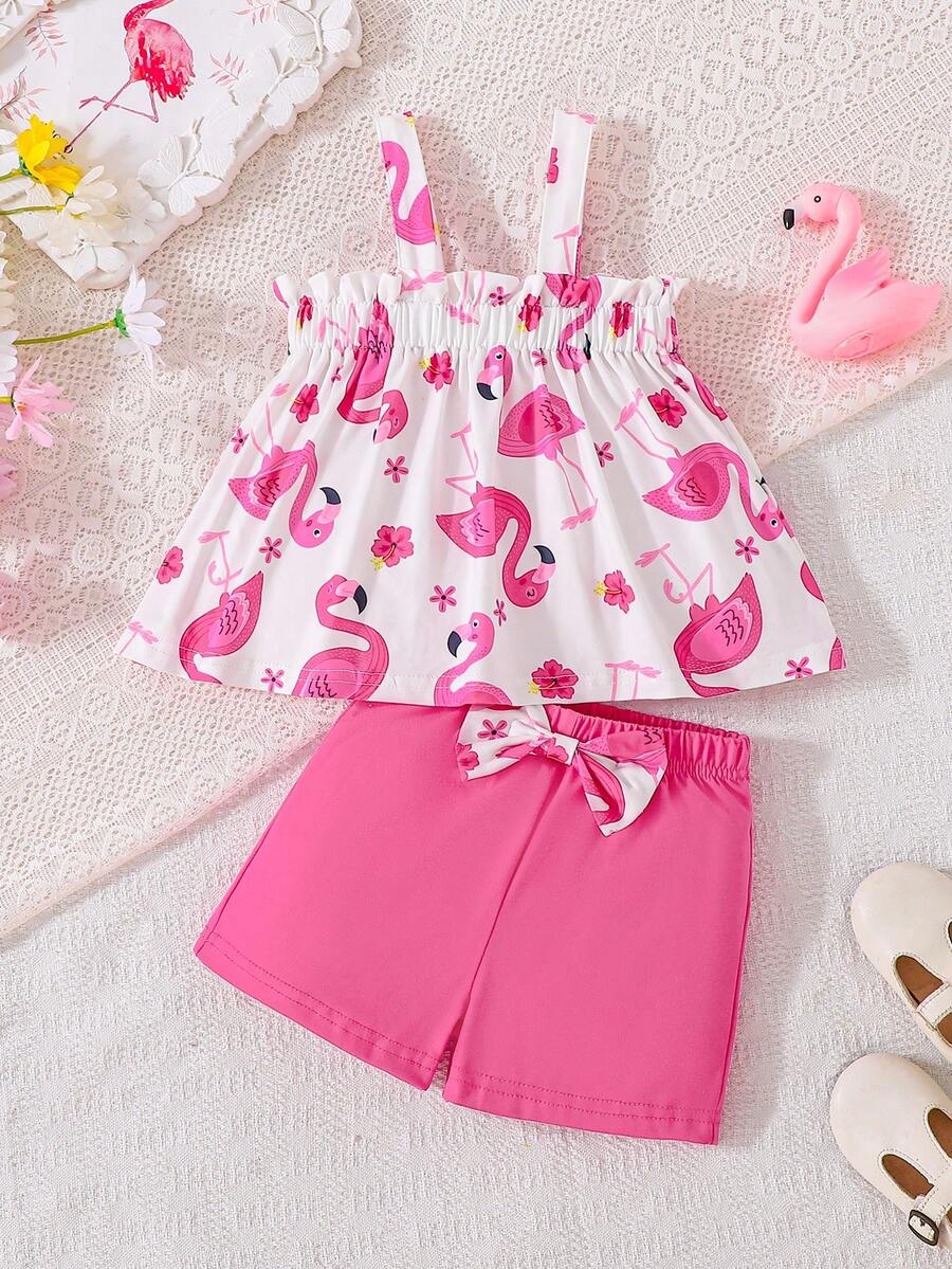 Bộ 2 món cho bé gái gồm áo hai dây in hình phượng hoàng hoạt hình và quần short có nơ, thích hợp cho mùa xuân/hè. - Màu Hồng Tươi - Xem 1