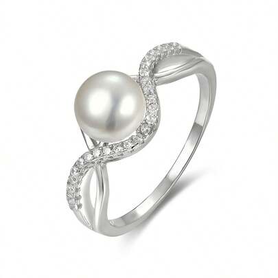 خاتم فضة عيار 925 عالي الجودة للسيدات، مرصع بخرز اللؤلؤ الطبيعي المنقوش بالزركونيا الماسية، تصميم بسيط وشخصي، هدية مثالية للعروس