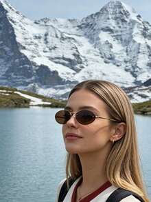 女士棕色椭圆形无框金属腿时尚眼镜，适合日常佩戴、户外旅行、海滩度假、Y2KFest音乐节风格。 - 茶色 - 查看 3