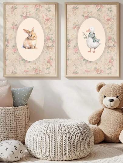 1pc, Canvas Wall Art, Framed Nursery Wall Decor, Duck And Rabbit Pattern Baby Room Decorative Painting, Floral Countryside Style Decor, Children's Room Art Decorations, Maternity Room Wall Art, Animal Posters, Girl's Room Decor, Boy's Room Decor, Kindergarten Decor, Daycare Decor, Playroom Decor, Toddler Gifts, Baby Shower Decor Gifts