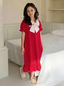 Cute & Comfortable V-Neck Bowknot Girls' Nightgown, With Pleated Collar Design And Fashionable Bow Decor. Soft Fabric, Easy To Put On And Take Off, Suitable For Spring, Summer And Autumn Wear, Also An Ideal Gift For Daughter On Valentine's Day - Red - View 4