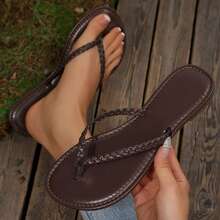 Women's Thong Slides PU Leather Flip Flops Braided Sandals Summer Beach Vacation Open Toe Shoes Slippers - 棕色 - 查看 1