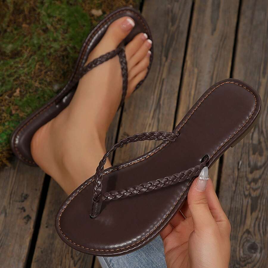 Women's Thong Slides PU Leather Flip Flops Braided Sandals Summer Beach Vacation Open Toe Shoes Slippers - 棕色 - 查看 1