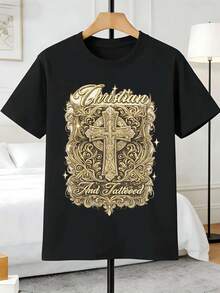 Maglietta con stampa grafica della croce cristiana, estiva, in morbido cotone, stampa artistica, casual, traspirante - nero - Visualizzare 2