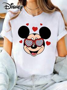Disney Women's Casual Cotton Mickey Mouse Heart Glasses Print Short Sleeve Round Neck T-Shirt - White - View 1