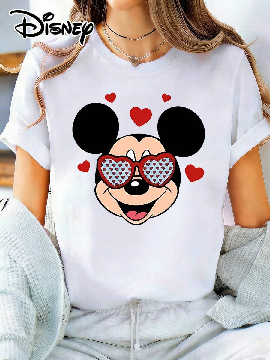 Disney Women's Casual Cotton Mickey Mouse Heart Glasses Print Short Sleeve Round Neck T-Shirt - White - View 1