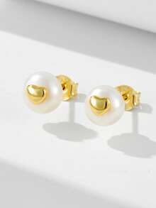 1 Pair S925 Sterling Silver Natural Pearl Stud Earrings, Luxury Ins French Style Heart-Shaped Earrings For Women - Gold - View 2
