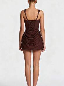 1pc Fashionable Sexy Women's Ruched Waist Slip Dress - Brown - View 2