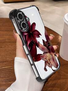 Flower Black Electroplated Soft TPU Protective Phone Case With Maroon Lily Pattern, Compatible With IPhone 17/17e/17 Pro/17 Pro Max/16/16 Pro/16 Plus, Minimalist Fashionable Shock-Resistant Personalized Creative Suitable For Self-Use Or Gift - Black - View 5