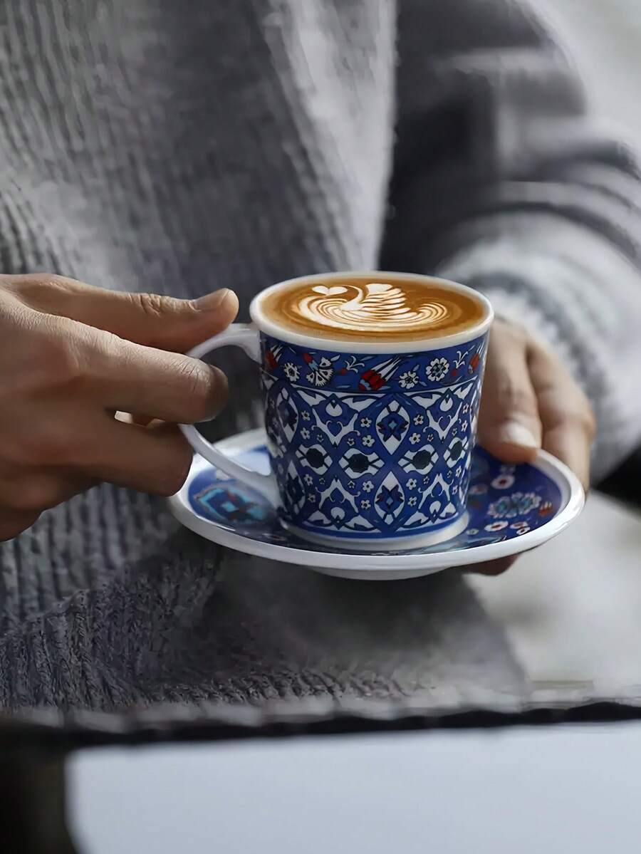 Bộ tách và đĩa cà phê kiểu Thổ Nhĩ Kỳ cổ điển họa tiết hoa hồng và hoa tulip, tách cà phê nghệ thuật tinh tế, tách đựng đồ uống và nước ép, thích hợp sử dụng hàng ngày, uống trà chiều, dùng trong văn phòng, làm quà tặng hoặc dịp lễ. - Nhiều màu - Xem 1