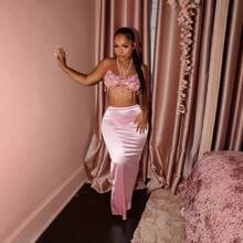 European And American Women's Fashion Solid Color Unique Shiny Drapey Satin Slit Slim-Fit Bodycon Skirt - Hồng - Xem 2