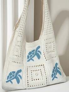Women's Summer Beach Tote Bag Crochet Design With Sea Turtle Pattern Large Capacity Open Top Tote Beige Polyester Spacious Tote Bag Woven Texture Bohemian Fashion Travel Accessory Beach Bag For Women Vacation Essentials Back To School Bohemian Outfit For Women - Multicolor - View 8