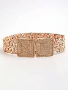 1pc Women's Square Raffia With Metal Buckle Enclosure Waist Belt - Brown - View 6