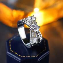 Nhẫn cổ điển hai lớp đan chéo bốn chấu tròn đính đá Cubic Zirconia tổng hợp, quà tặng trang sức cưới cho phụ nữ. - trắng - Xem 10